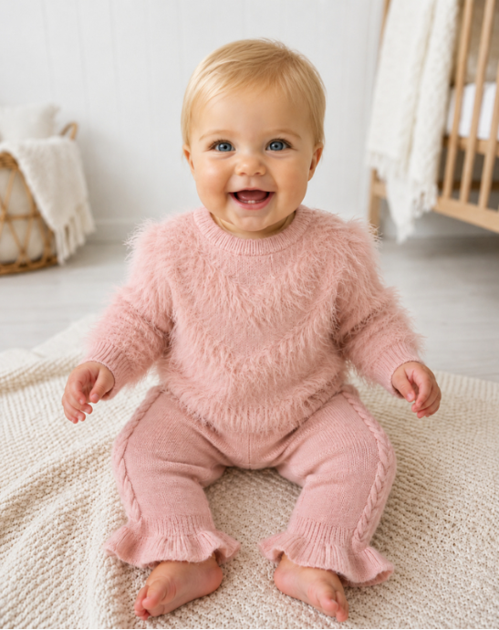 Baby meisje in roze gebreid setje met fluffy trui en broekje met ruches — babykleding maat 56-86 DeNa Fashion