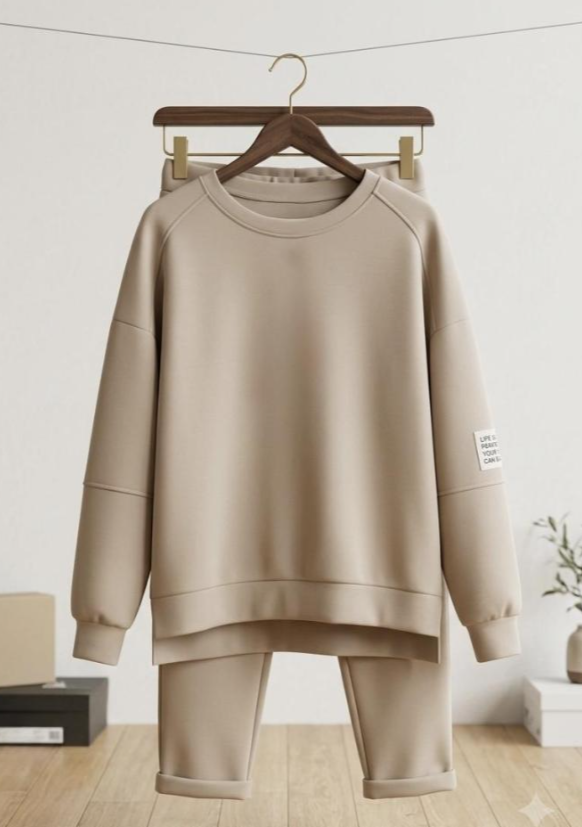 Beige huispak dames met oversized sweater en comfortabele broek, stijlvolle lounge set voor thuis en vrije tijd