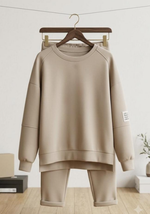 Beige huispak dames met oversized sweater en comfortabele broek, stijlvolle lounge set voor thuis en vrije tijd