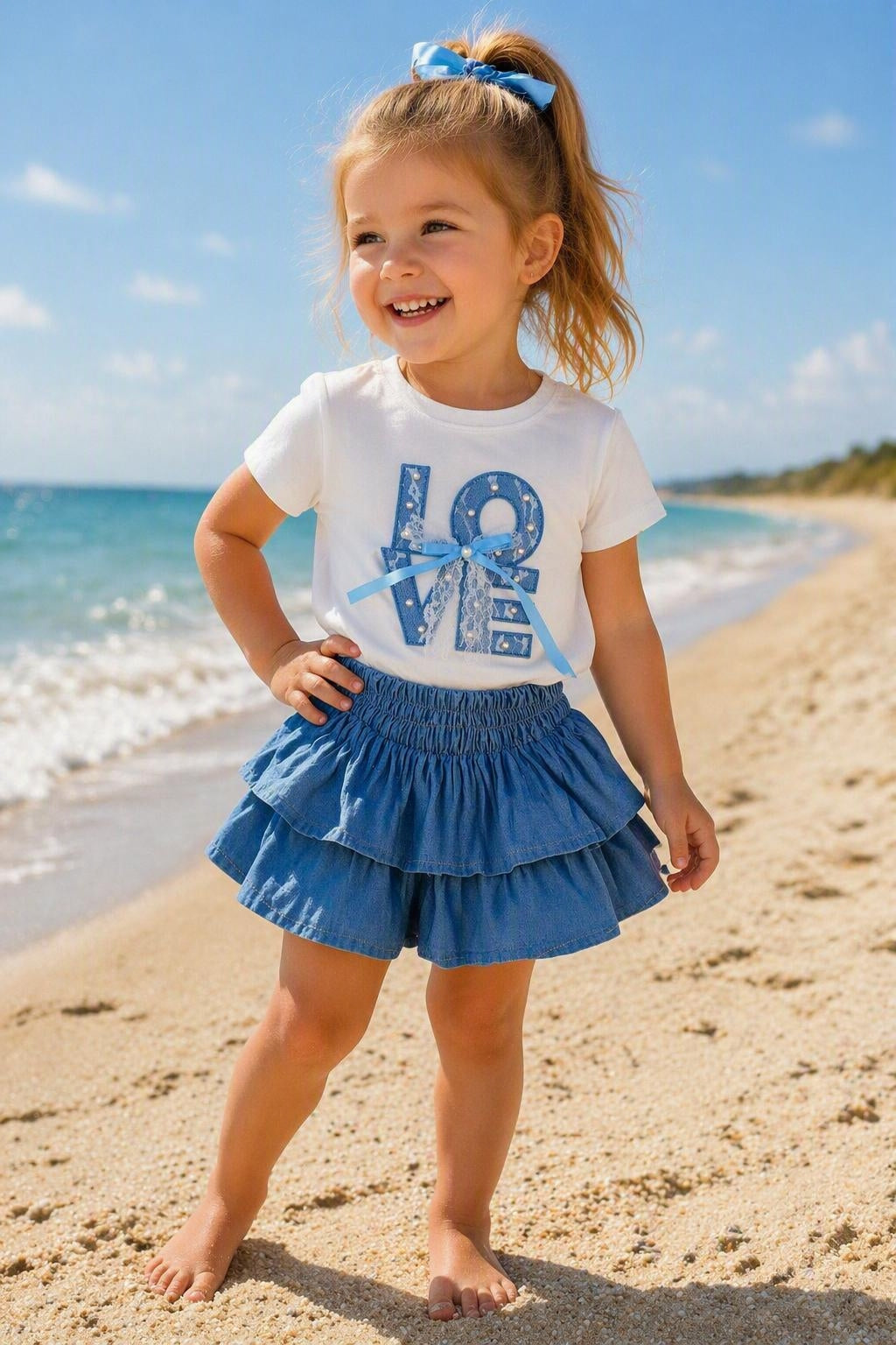Kindmodel draagt een wit T-shirt met blauwe LOVE-opdruk en strikdetail, gecombineerd met een blauwe gelaagde rok-short. De outfit wordt gedragen op een zonnig strand met zee en zand op de achtergrond, perfect voor een zomerse en speelse look voor kinderen.