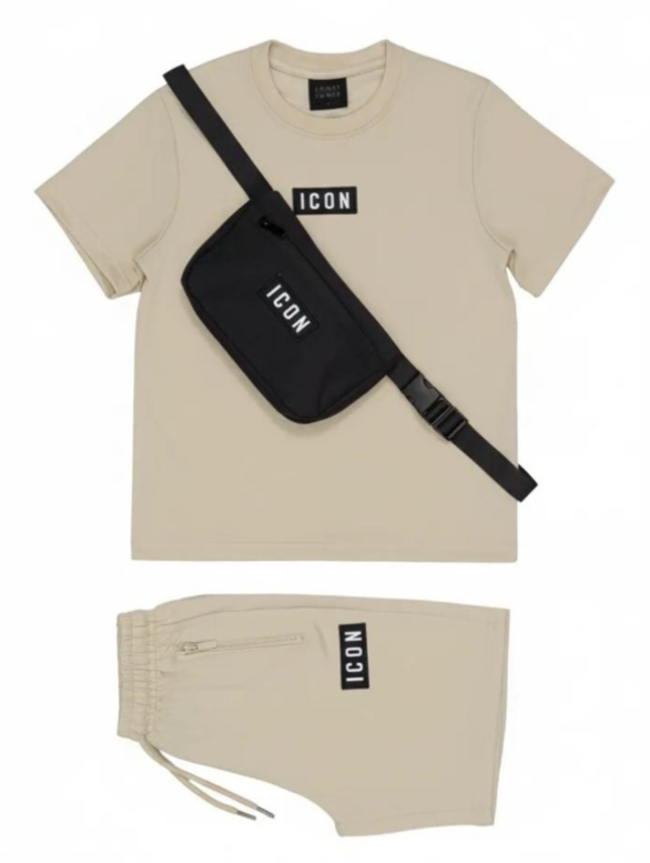 Beige ICON jongens zomerset met T-shirt, short en crossbody tas | DeNa Kids Boutique