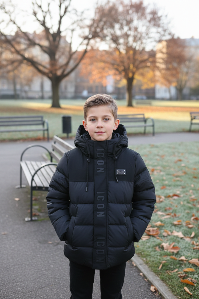 ICON zwarte gewatteerde kinder winterjas met capuchon, luxe label en warme voering voor jongens