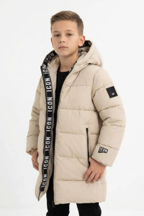 ICON beige gewatteerde winterjas voor jongens met capuchon van DeNa Kids Boutique