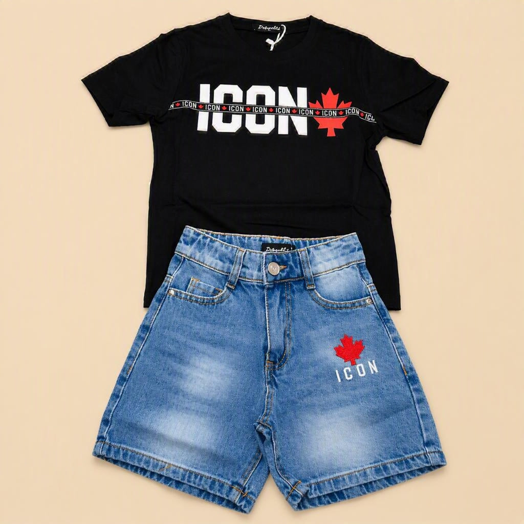 Zwarte ICON jongens T-shirt met denim short | DeNa Kids Boutique