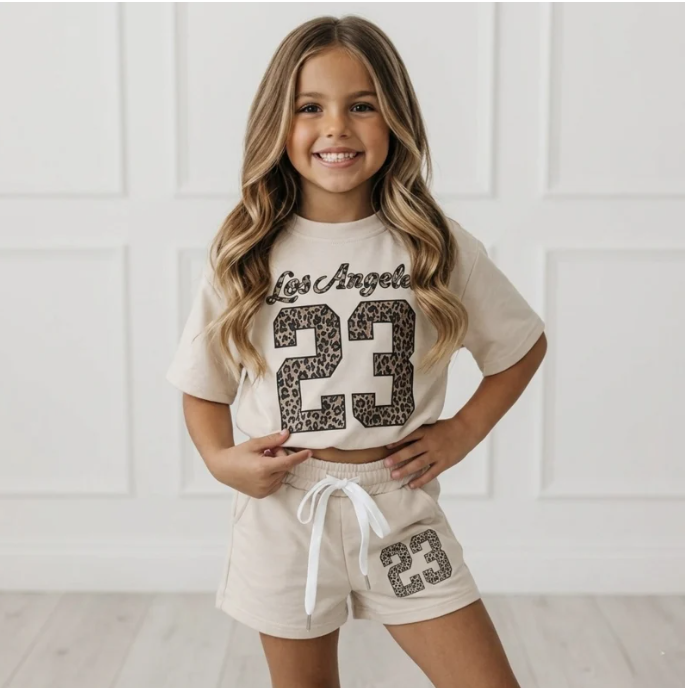 Los Angeles 23 witte meisjes set met luipaardprint, T-shirt en short