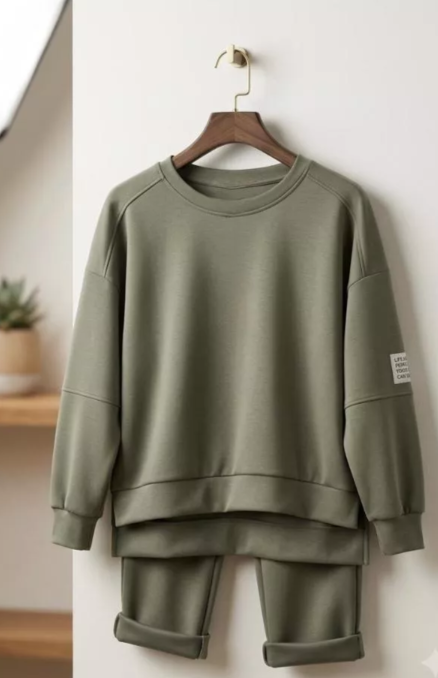Army green dames lounge set Life Label – vooraanzicht op hanger