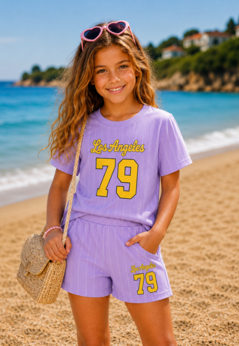 Lila meisjes zomer set met T-shirt en short Los Angeles 79 | DeNa Kids Boutique"