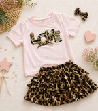 Roze LOVE meisjes set met T-shirt en luipaard rok van DeNa Kids Boutique