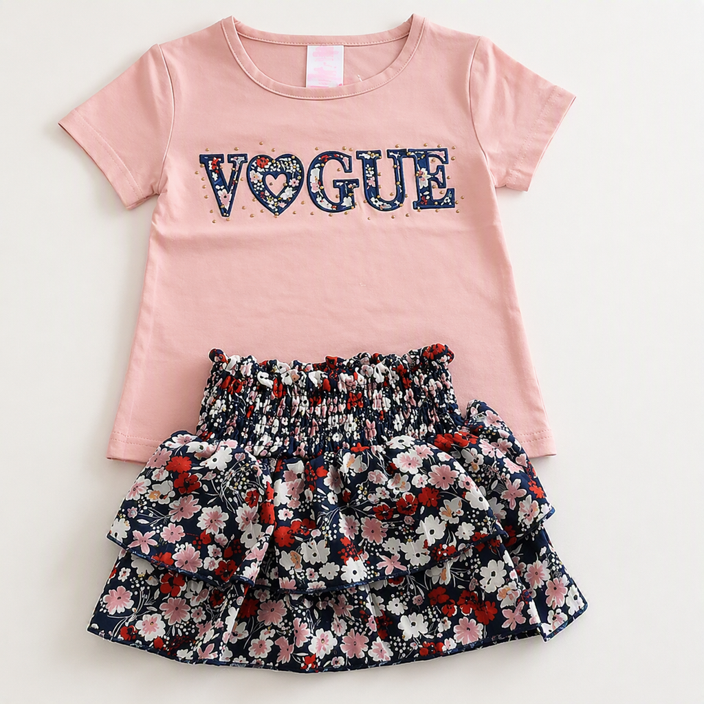 Roze Vogue meisjesshirt met bloemen rok | DeNa Kids Boutique