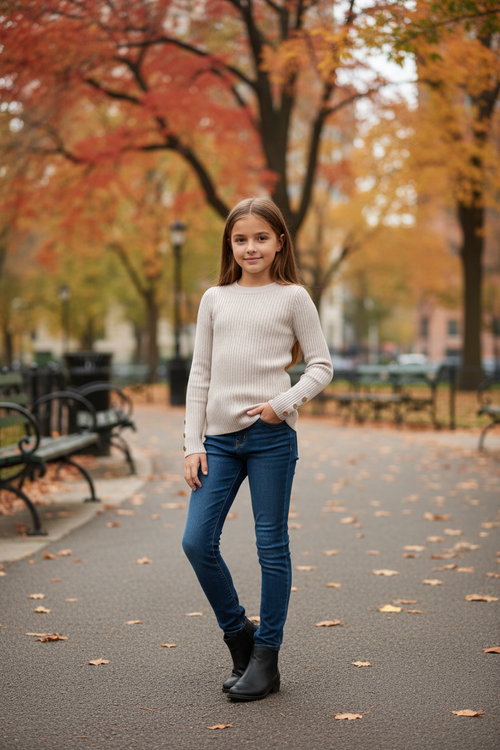 Beige ribtrui meisjes kindmodel stadspark
