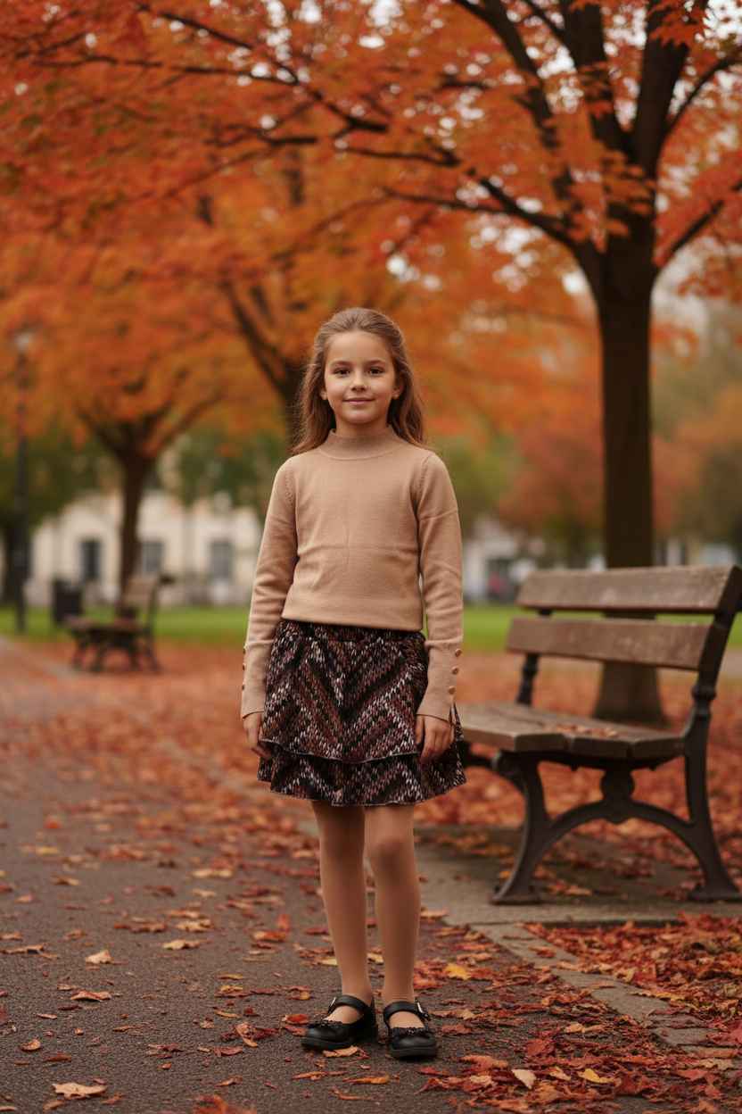 Beige trui met donkere zigzag gelaagde rok meisjes stadspark