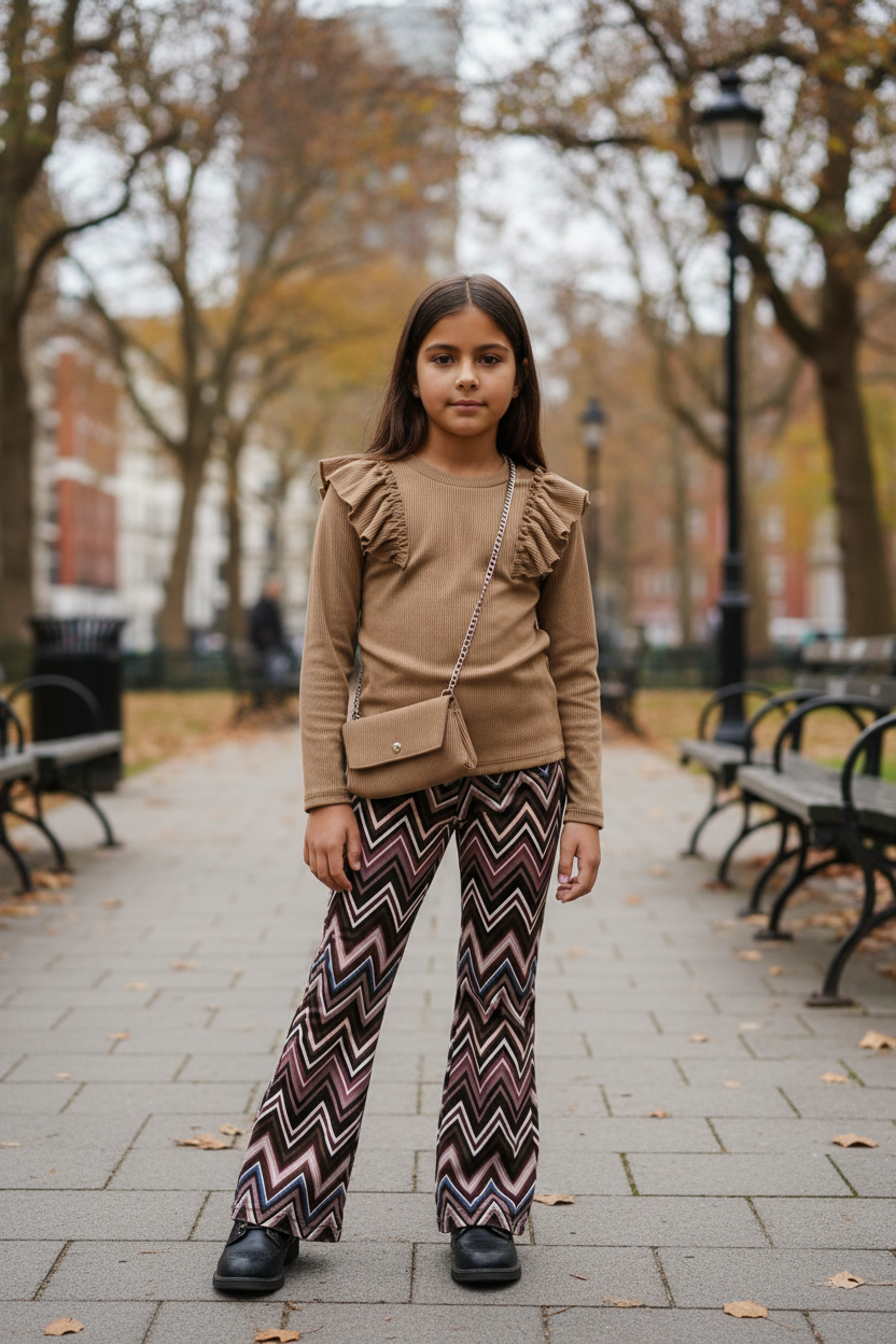 Camel ribtrui met kettingtasje en zigzag flared broek meisjes stadspark