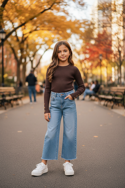 Choco ribtrui met lichtblauwe wide leg jeans meisjes stadspark