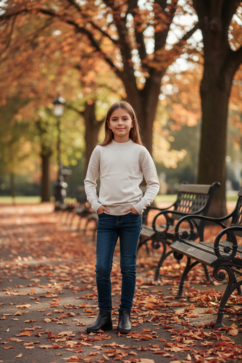Crème gebreide trui meisjes kindmodel stadspark