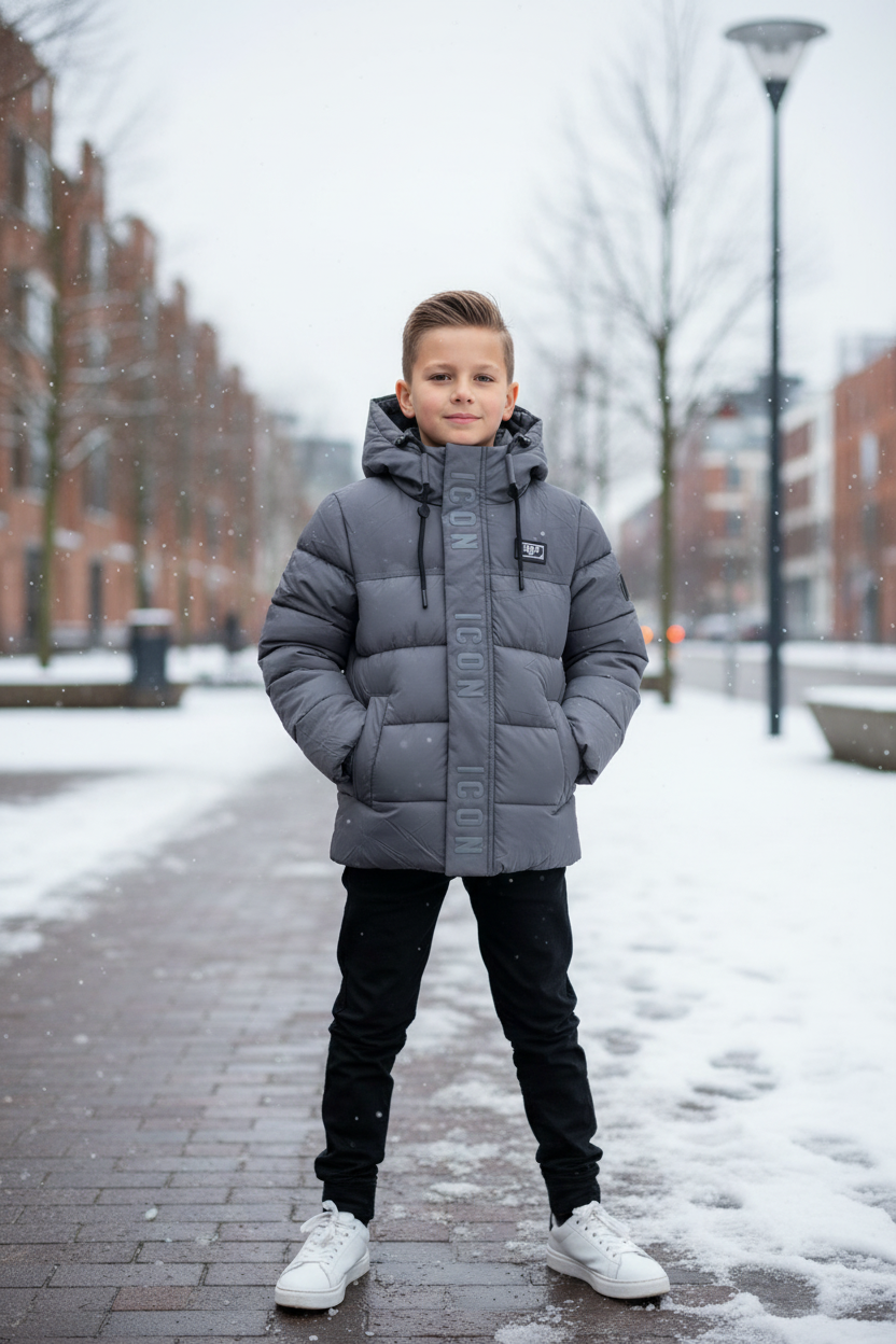 Jongen van 8-10 jaar draagt grijze gewatteerde ICON puffer winterjas met capuchon en ICON logo op de rits in een urban buitenomgeving