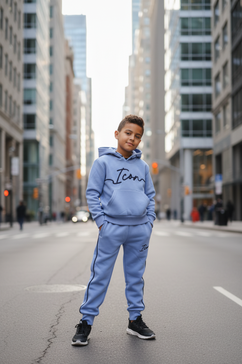 ongen in lichtblauwe ICON joggingset met hoodie en joggingbroek, urban straatachtergrond - DeNa Fashion