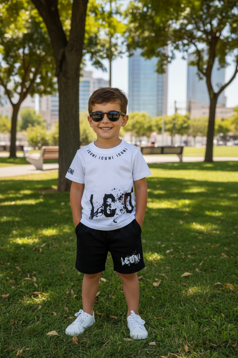 Jongen van 6-8 jaar draagt witte ICON zomerset met zwart graffiti print T-shirt en zwarte short met ICON logo in een stadspark