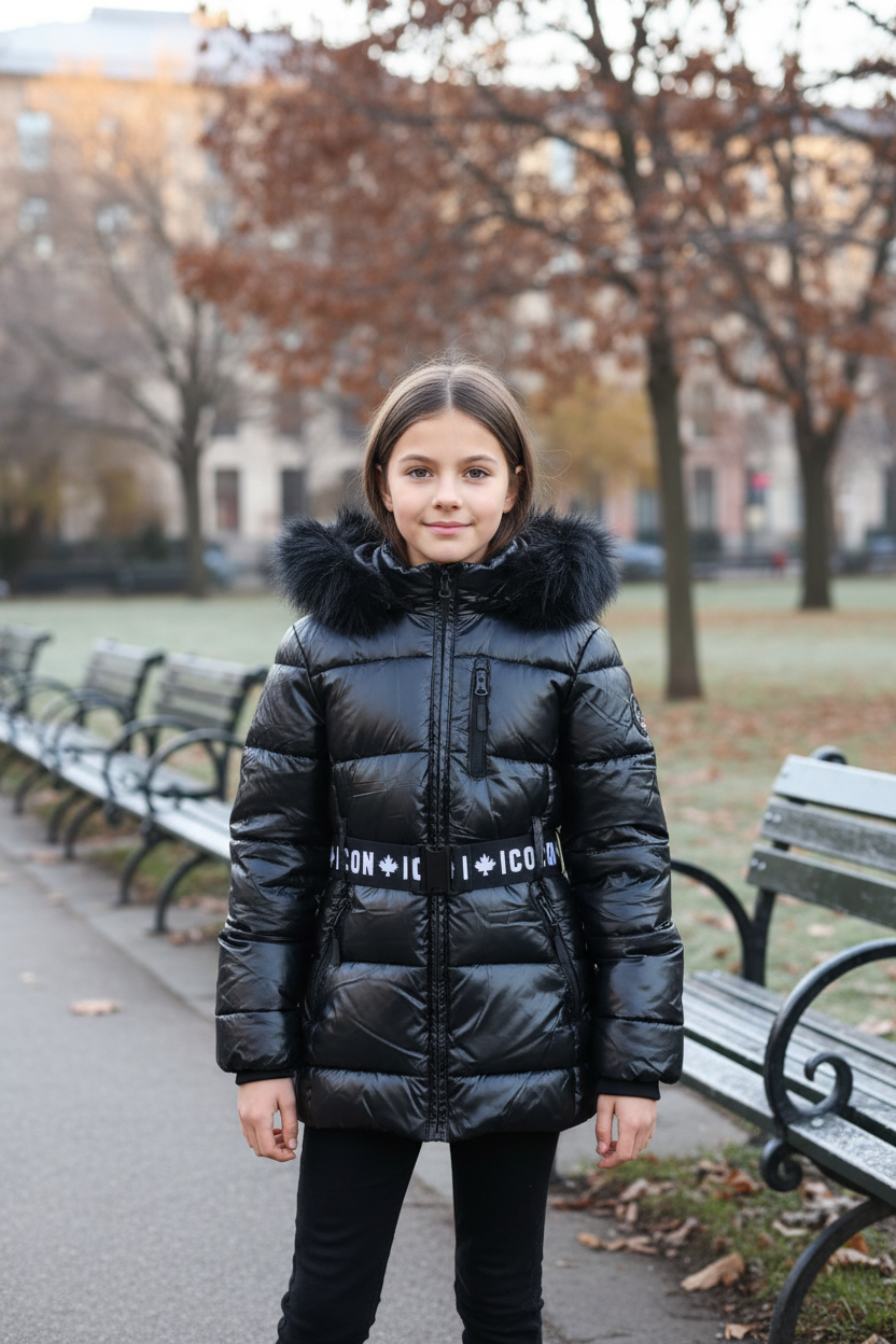 ICON meisjes winterjas zwart met bontkraag gedragen in stadspark tijdens herfst