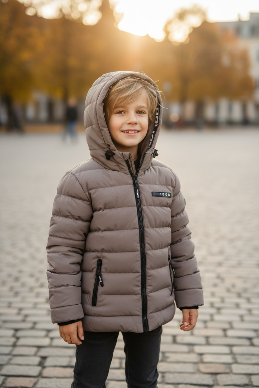 ICON taupe gewatteerde winterjas jongens capuchon opgezet