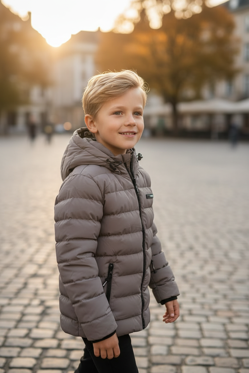 ICON taupe winterjas jongens zijpose schone mouw