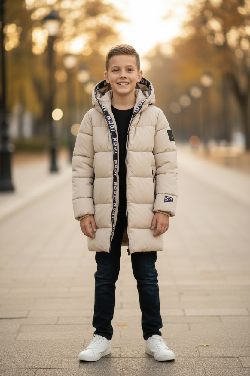 Jongen in beige ICON gewatteerde winterjas met capuchon en donkerblauwe jeans, lifestyle bokeh achtergrond - DeNa Fashion