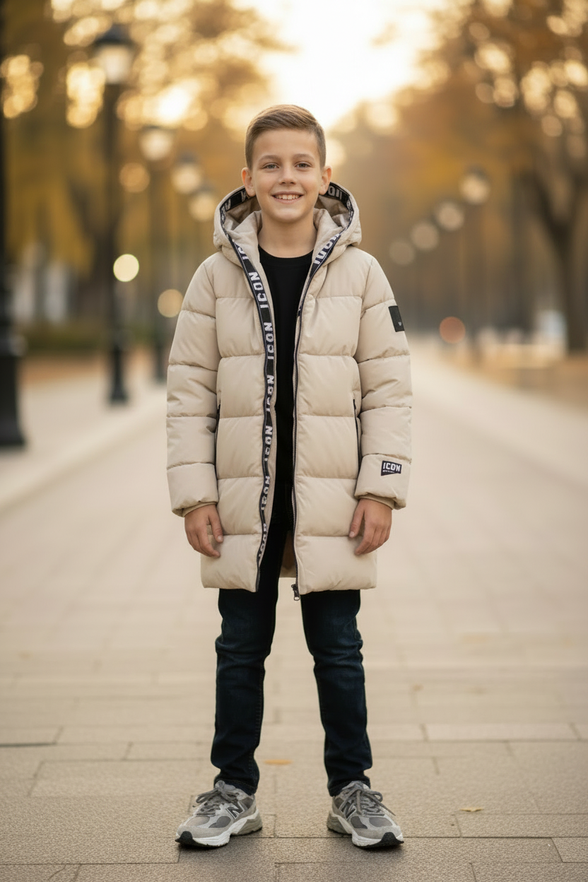 Jongen in beige ICON gewatteerde winterjas met New Balance 9060 sneakers en donkerblauwe jeans, lifestyle bokeh achtergrond - DeNa Fashion