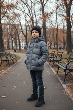 ICON gewatteerde winterjas grijs jongens - stoere grijze puffer jacket met logo tape en capuchon, maat 98-164