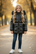 Meisje in glanzende zwarte ICON winterjas met bontkraag en zwarte chunky sneakers, lifestyle bokeh achtergrond - DeNa Fashion