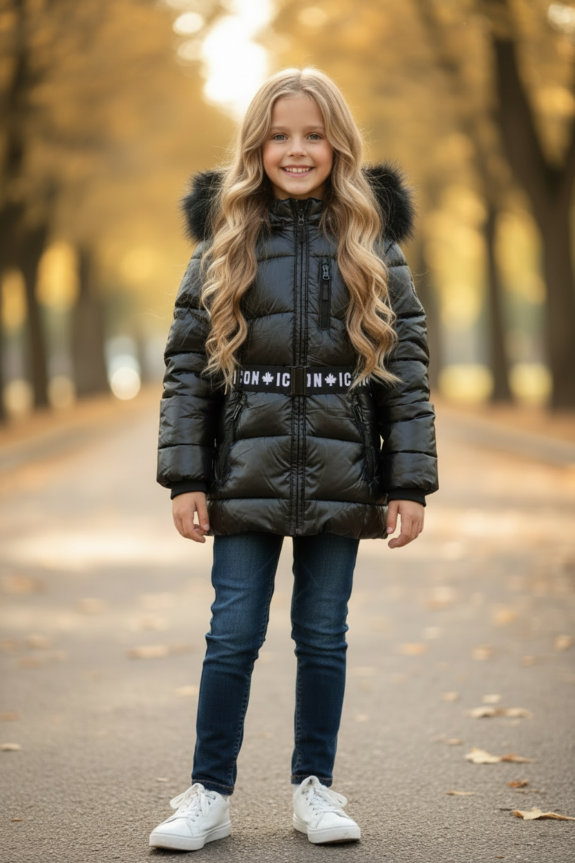 Meisje in glanzende zwarte ICON winterjas met bontkraag en zwarte chunky sneakers, lifestyle bokeh achtergrond - DeNa Fashion