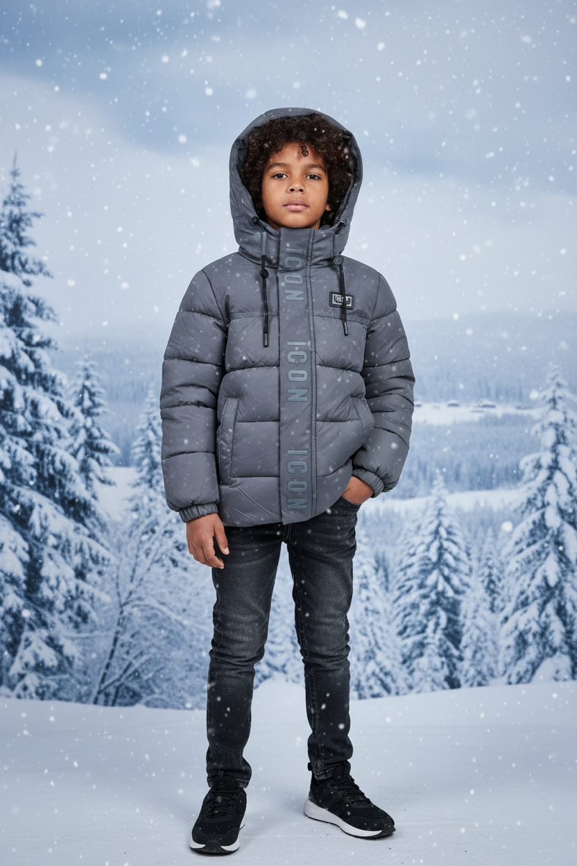 Jongens ICON grijze gewatteerde winterjas met capuchon en ICON logo band - winterse achtergrond | DeNa Fashion