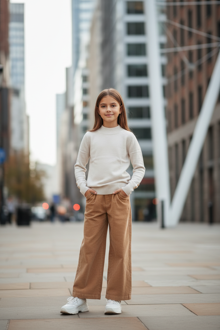 Beige gebreide trui meisjes met gouden knopen - camel broek - urban | DeNa Fashion