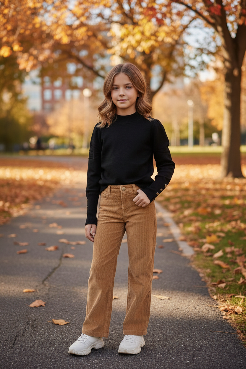 Zwarte gebreide trui meisjes met gouden knopen - camel wide leg broek - urban | DeNa Fashion