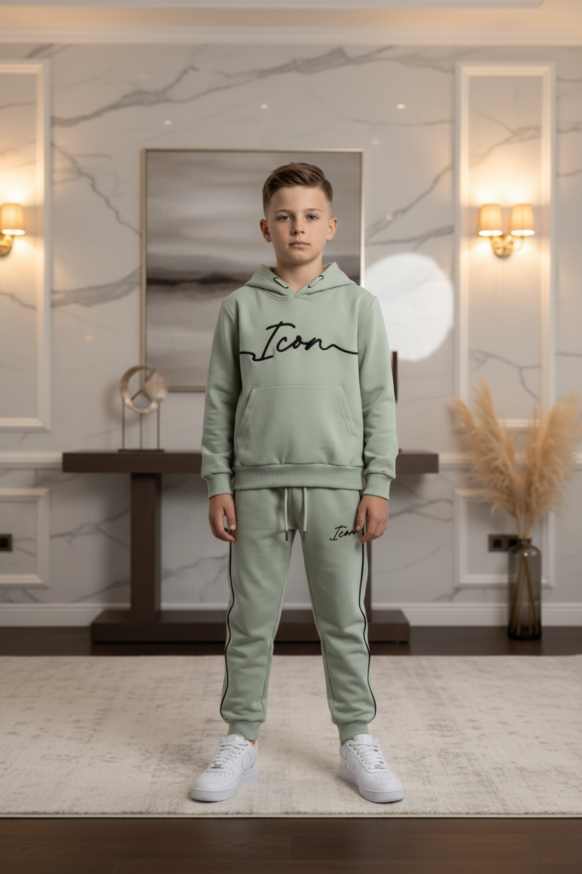 Jongens ICON groene joggingset met hoodie en broek met zwarte strepen - model 1 - luxe interieur | DeNa Fashion