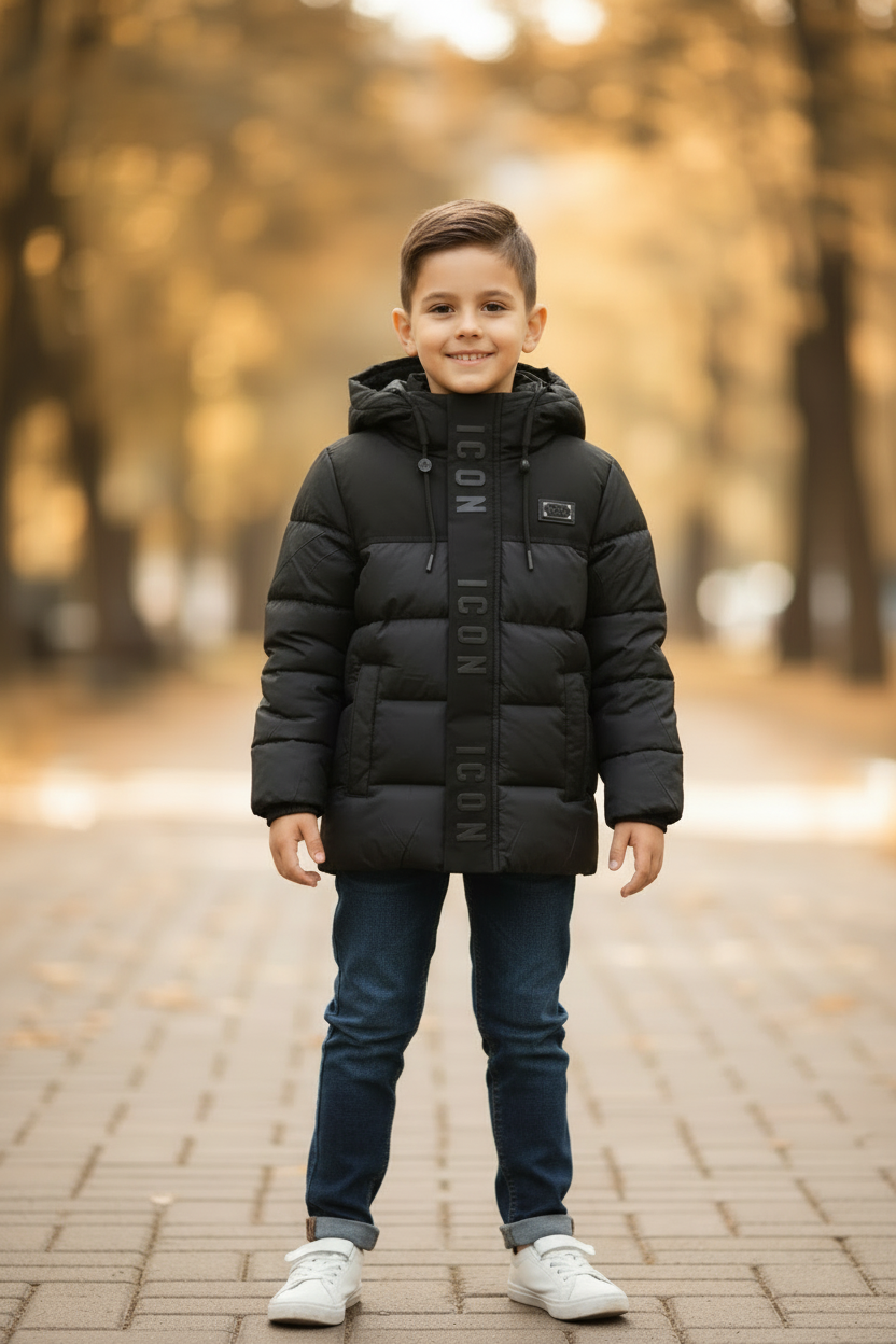 Jongen in zwarte ICON gewatteerde winterjas met capuchon en donkerblauwe jeans, lifestyle bokeh achtergrond - DeNa Fashion