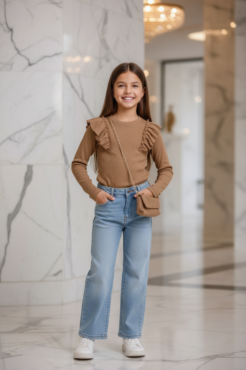 Camel ribtrui meisjes met ruches en kettingtasje - wide leg jeans - luxe interieur | DeNa Fashion