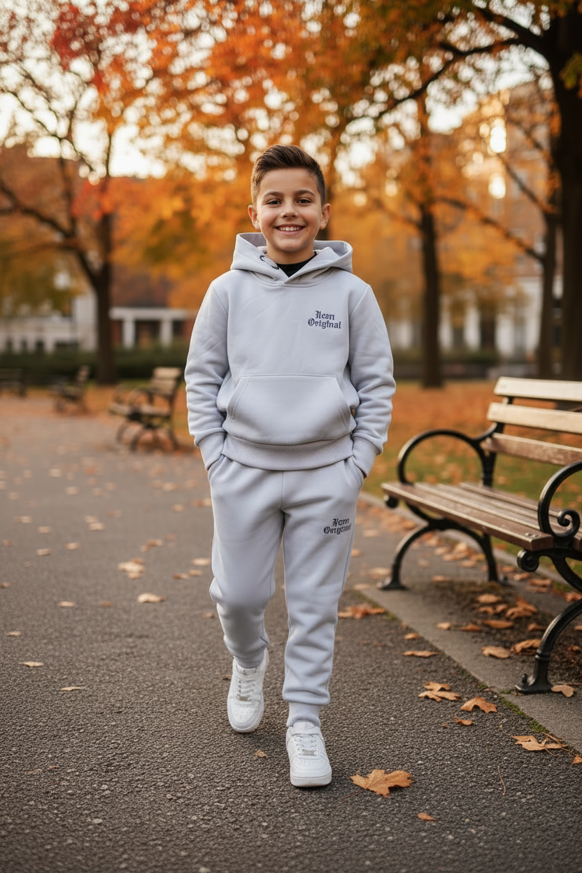 ICON Original grijze joggingset jongens hoodie en joggingbroek - lopend buiten | DeNa Fashion