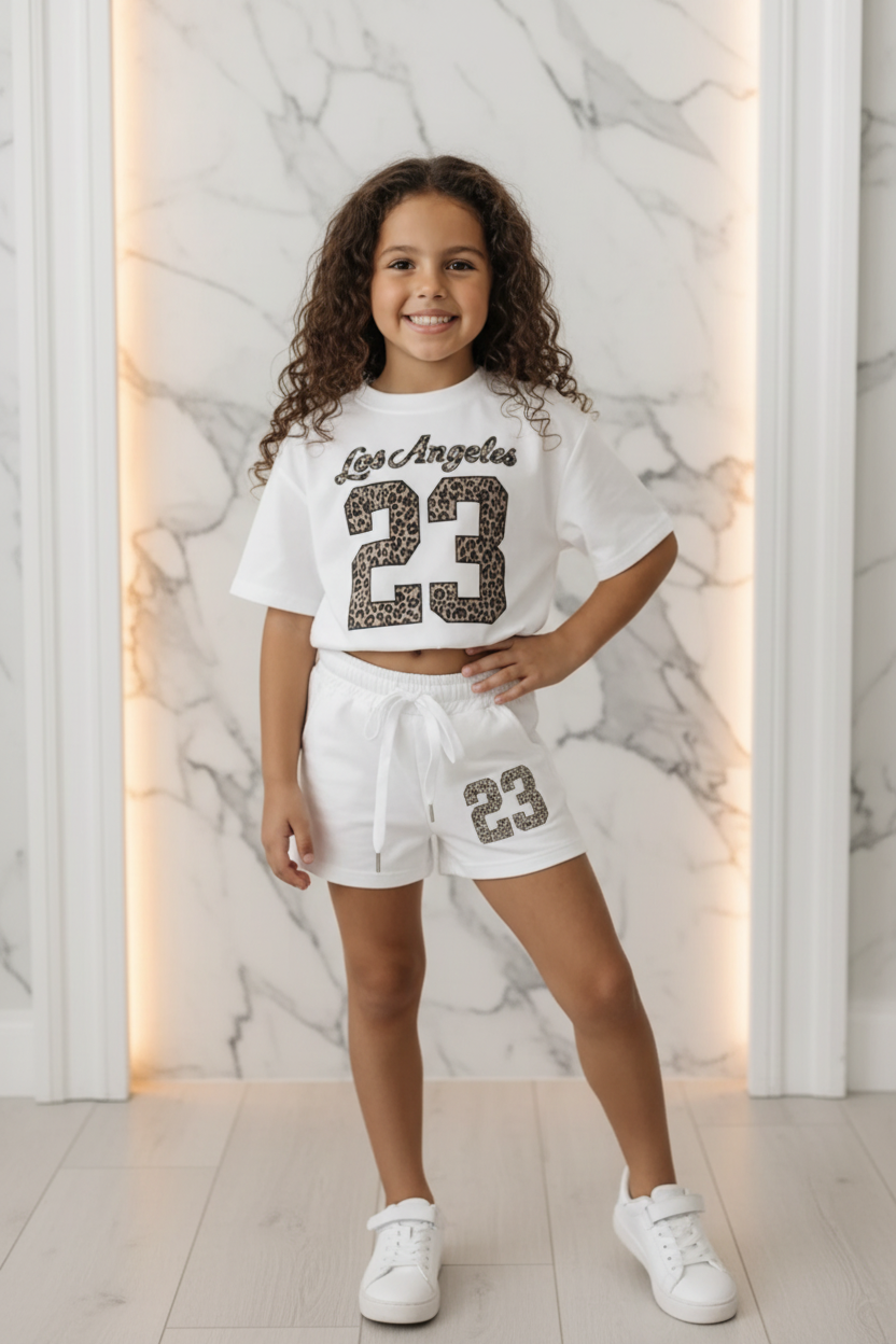 Meisjes Los Angeles 23 wit zomerset met luipaardprint T-shirt en short - model 8 jaar - luxe interieur | DeNa Fashion