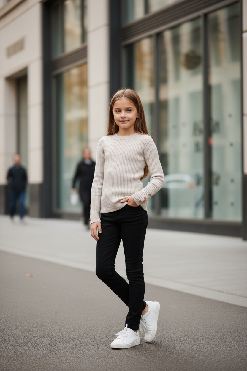 Beige ribgebreide trui meisjes met gouden knopen - zwarte broek - urban | DeNa Fashion