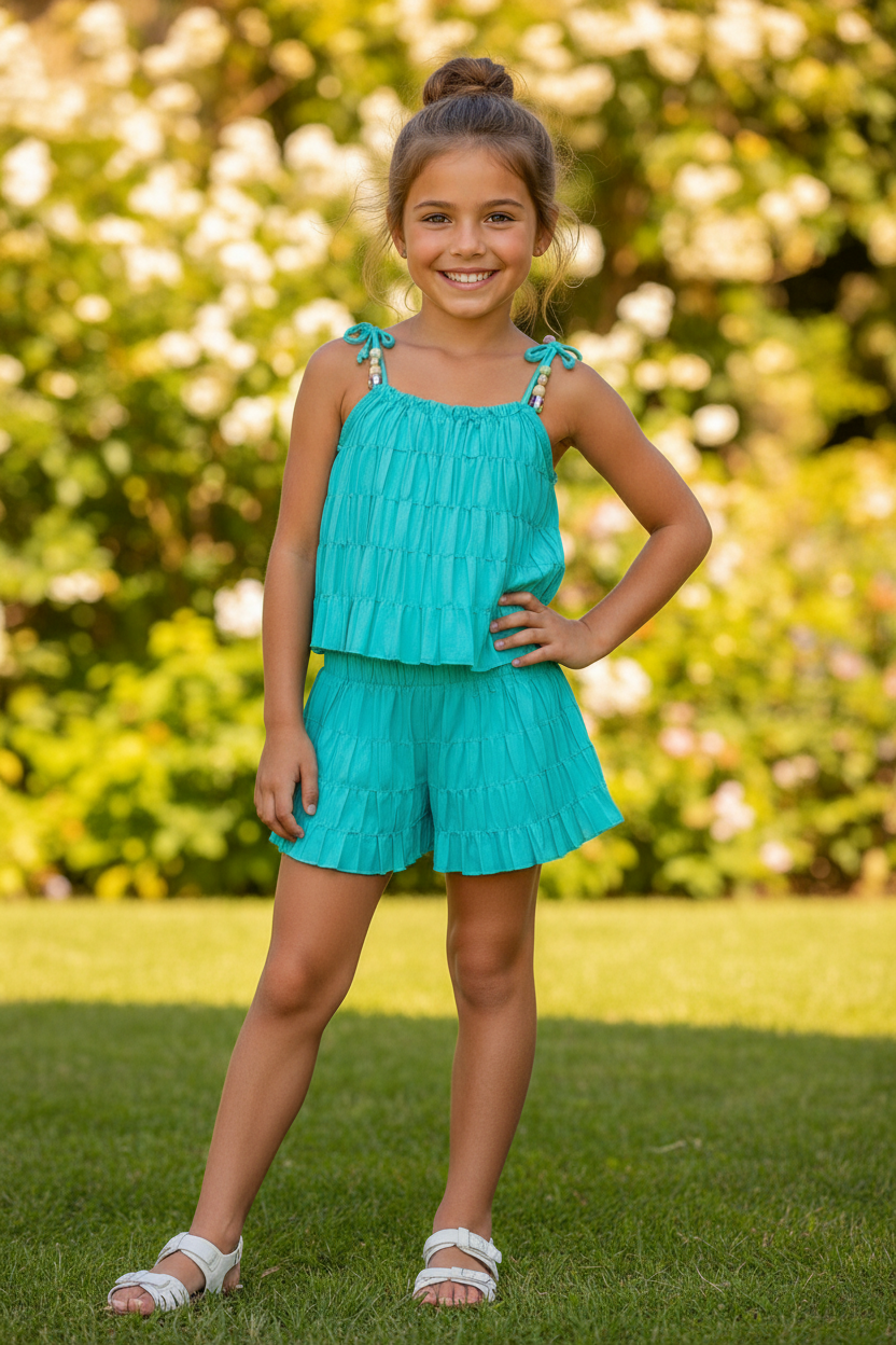 Meisjes turquoise zomerset met gelaagde ruche top en short met witte sandalen - model 2 - tuin achtergrond | DeNa Fashion
