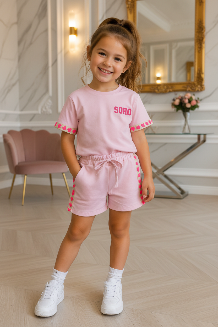 Meisjes roze SOHO set met fuchsia hartjes details - model 2 - luxe interieur | DeNa Fashion