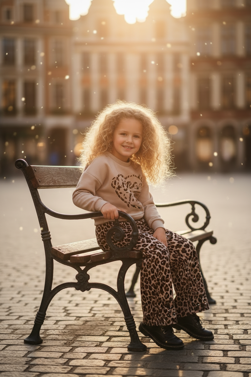 Meisjes set beige Human Made luipaardprint lifestyle blond krullend meisje 6 jaar zittend op bankje stadsplein