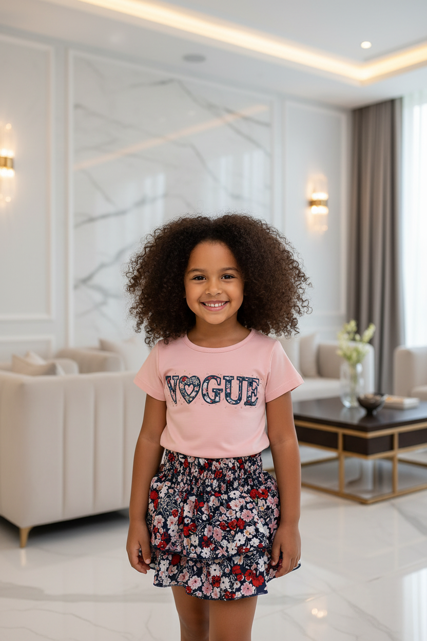 Meisjes roze Vogue shirt met donkerblauwe bloemenrok - model 2 - luxe interieur | DeNa Fashion