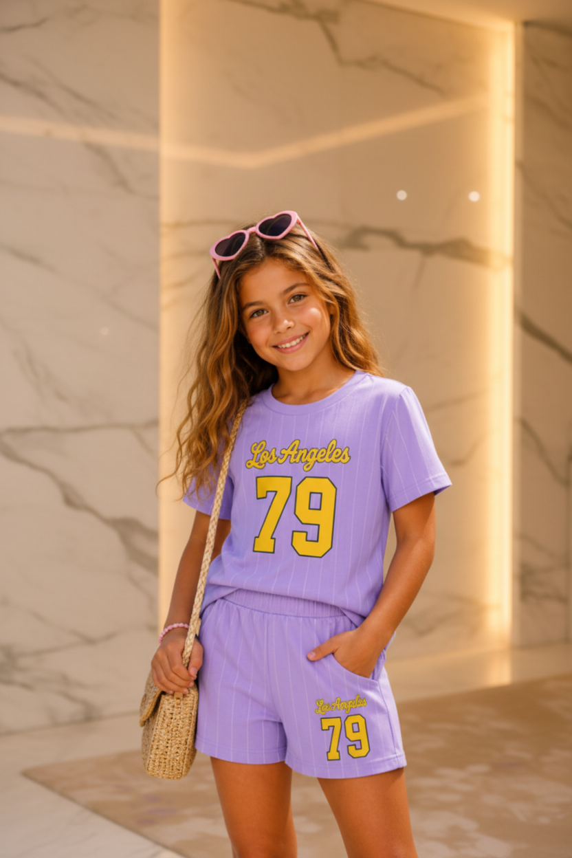 Meisjes lila Los Angeles 79 zomerset met T-shirt en short - kindmodel - luxe interieur | DeNa Fashion