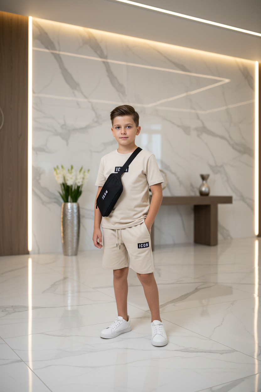 Jongens ICON beige zomerset met T-shirt, crossbodytas en short - model 1 - luxe interieur | DeNa Fashion
