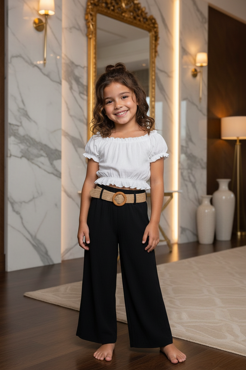 Meisjes zwart-wit zomerset met wide-leg broek en beige riem - model 2 - luxe interieur | DeNa Fashion