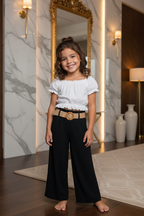 Meisjes zwart-wit zomerset met wide-leg broek en beige riem - model 2 - luxe interieur | DeNa Fashion