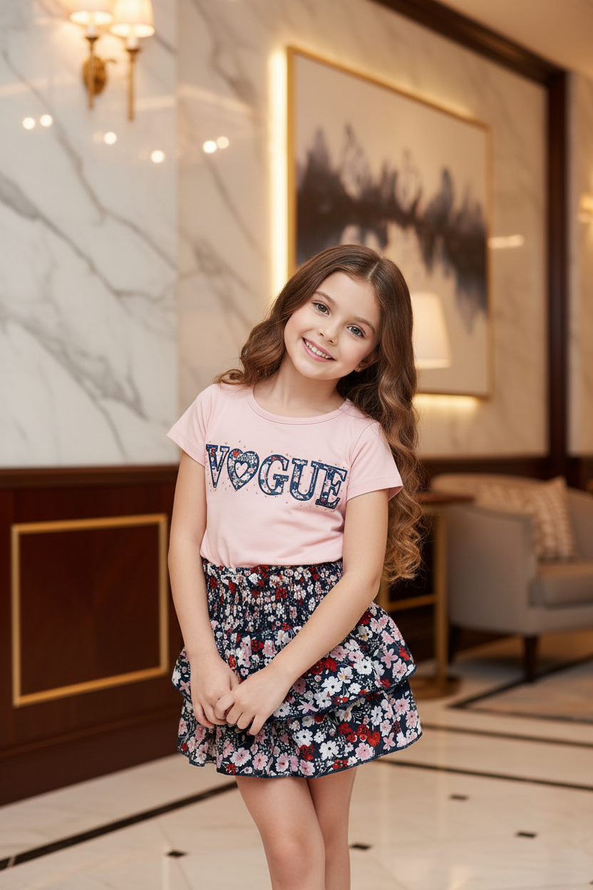 Meisjes roze Vogue shirt met donkerblauwe bloemenrok - model 1 - luxe interieur | DeNa Fashion