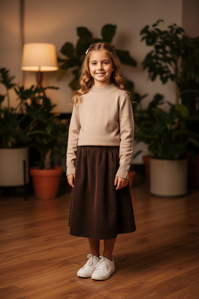 Zandkleurige gebreide trui meisjes met gouden knopen - bruine rok - indoor | DeNa Fashion