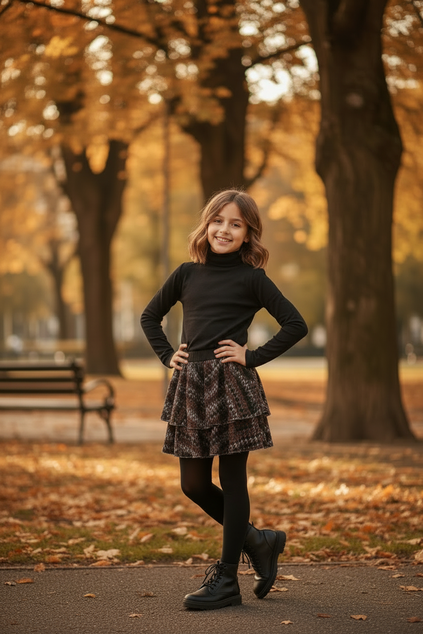 Meisjes gelaagde rok met zigzagprint donkerbruin - zwart turtleneck - herfstpark | DeNa Fashion