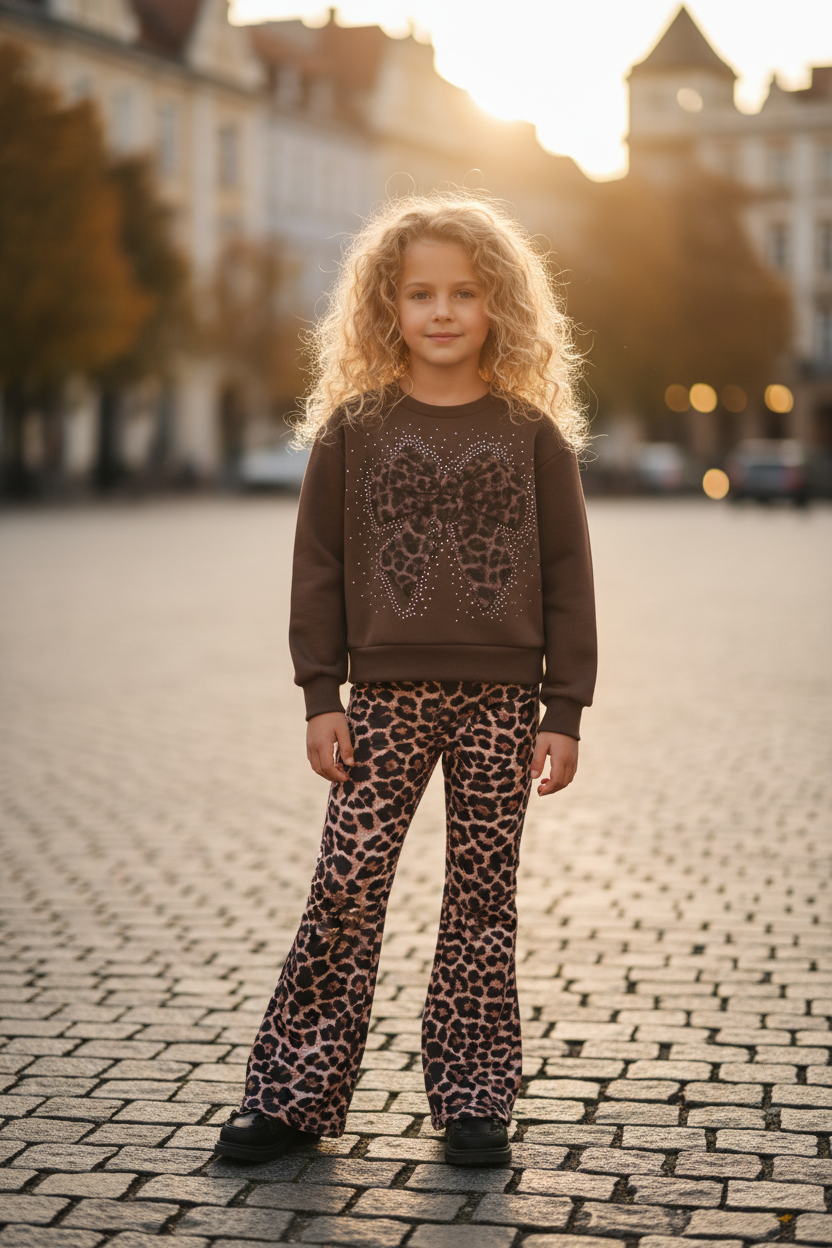 Meisjes set bruin luipaardprint lifestyle blond krullend meisje 6 jaar stadsplein